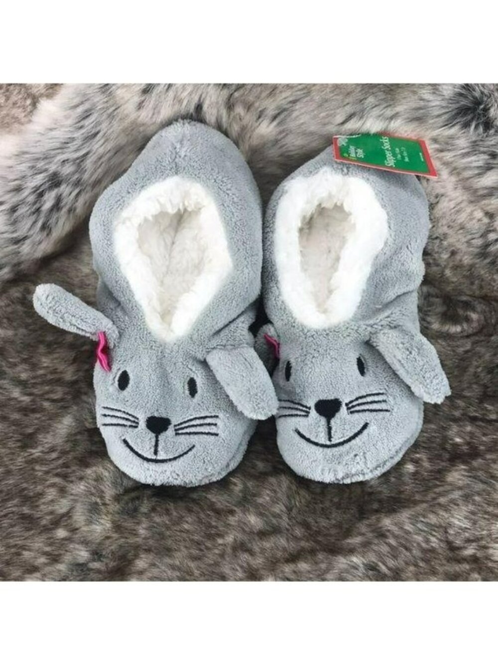 Holiday Time Kids Snow Bunny Slipper Socks Sz 7/3 Cute Plush Grey